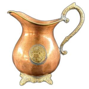 VTG Handmade Copper & Brass Creamer With Gazelle Medallion 4 1/2"H x 5 1/2"W